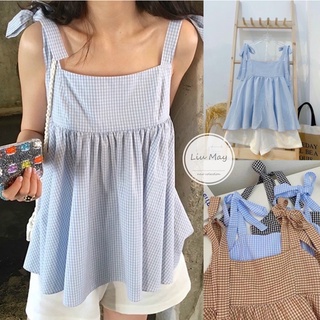 Set áo babydoll 2 dây kẻ caro xanh xốp kèm quần short trắng - xanh đen nâu
