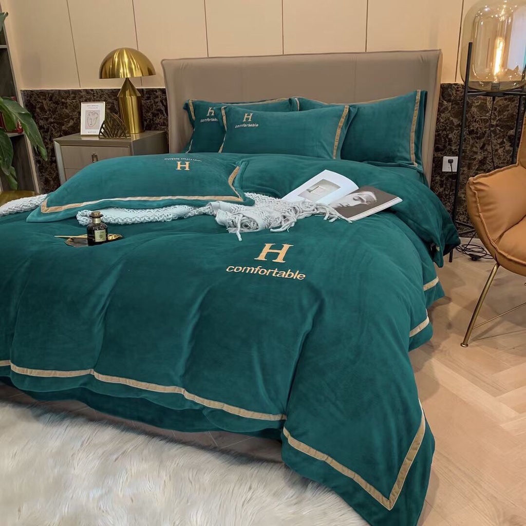 Bộ ga gối vỏ chăn nỉ chữ H 4 món  shop vũ thị thơm