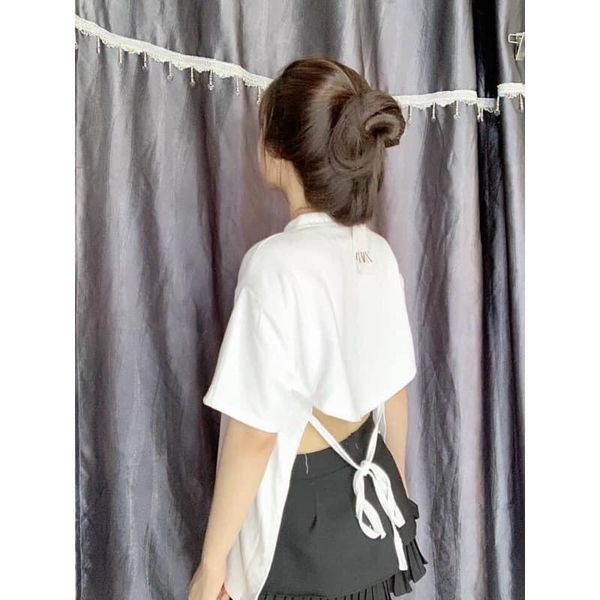 Áo hở lưng tay lỡ phôm rộng  buộc dây nơ visava form 60kg 5 màu xanh trắng vàng đen cam hot nhất 2021