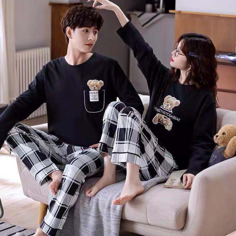 Bộ Đồ Ngủ Cotton Tay Dài In Họa Tiết Hoạt Hình Dễ Thương Phong Cách Hàn Quốc Cho Nữ