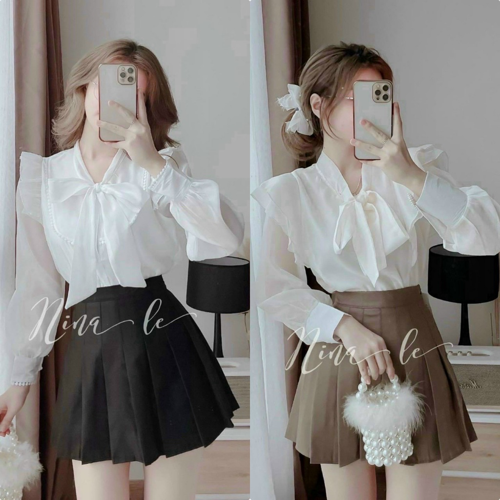 Sét áo sơ mi tay dài cột nơ phối chân váy xoè xếp ly mặc đi chơi đi tiệc cực xinh