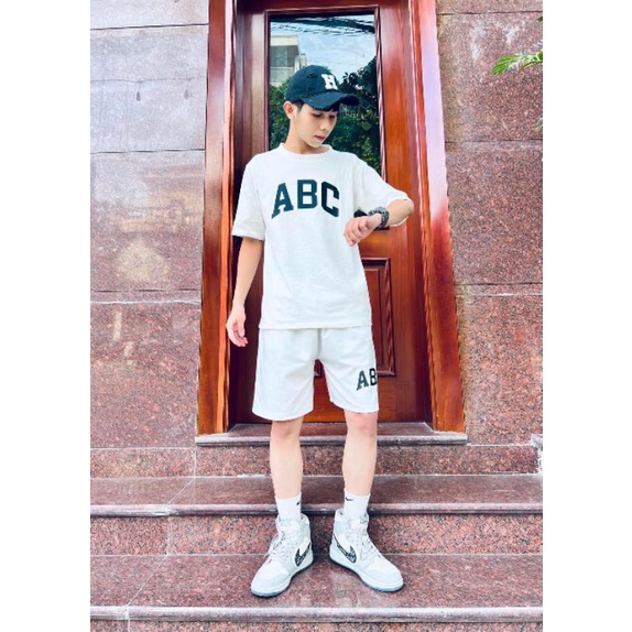 Sét đồ nam nữ Áo ABC unisex + quần short đùiChất cotton form thụng tay lỡForm &lt;55kg Bộ mặc nhà; đi chơi...