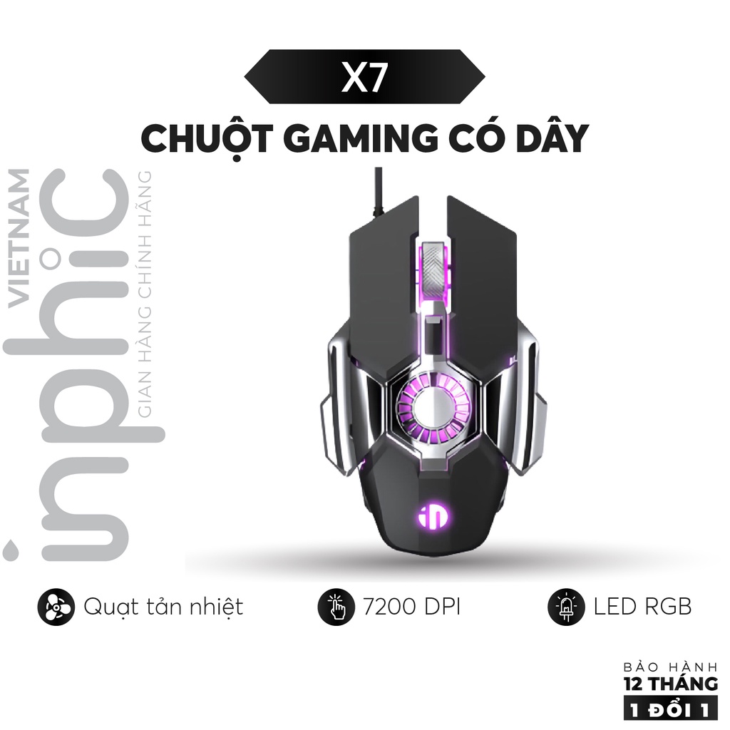 Chuột Chơi Game Quang Học Quạt Tản Nhiệt Có Dây INPHIC X7 Lập Trình 7200DPI 6 Nút Đèn Nền RGB Công Thái Học