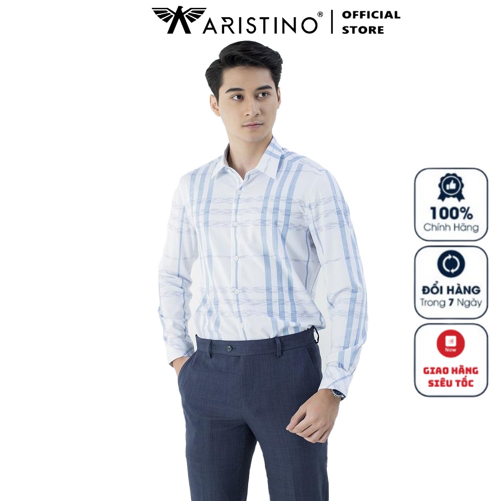 Áo Sơ Mi Nam Dài Tay ARISTINO ALS21501 Somi Công Sở Cao Cấp Màu Trắng Kẻ Xanh Dệt Jacquard Vải Sợi Sồi Dáng Ôm Không Túi