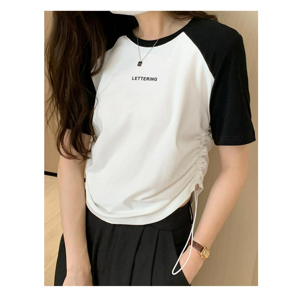 Áo Thun Tay Ngắn Cổ Tròn In Chữ Rút Dây Phong Cách Hàn Quốc Thời Trang Mới 63624