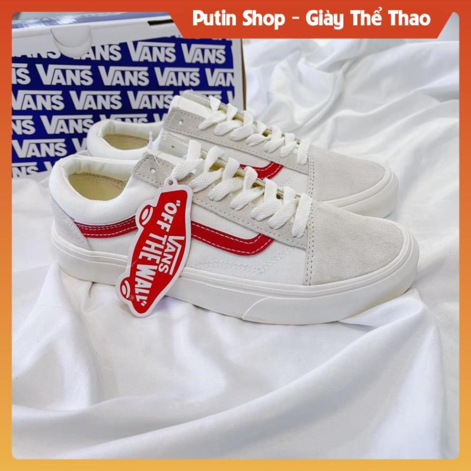 Giày Thể Thao Nam Nữ Van Trắng Da Lộn, Giầy Vans trắng sửa sọc đỏ tím than full bill box