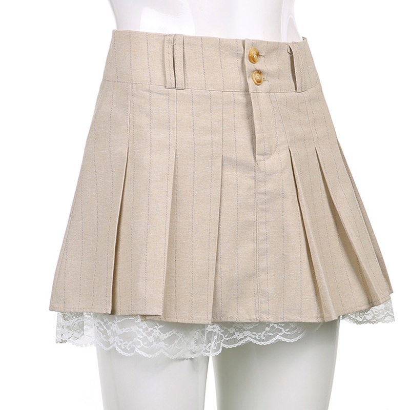 Brroa Chân Váy Kaki Mini Xếp Ly Cài Nút Phối Ren Hai Lớp Phong Cách Harajuku Cổ Điển Đường Phố Cho Nữ