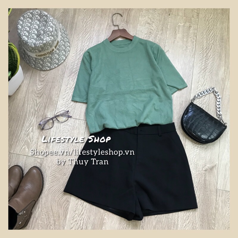 Áo len nữ Thu Đông mỏng mềm dáng suông lửng cổ tròn cộc tay | BigBuy360 - bigbuy360.vn