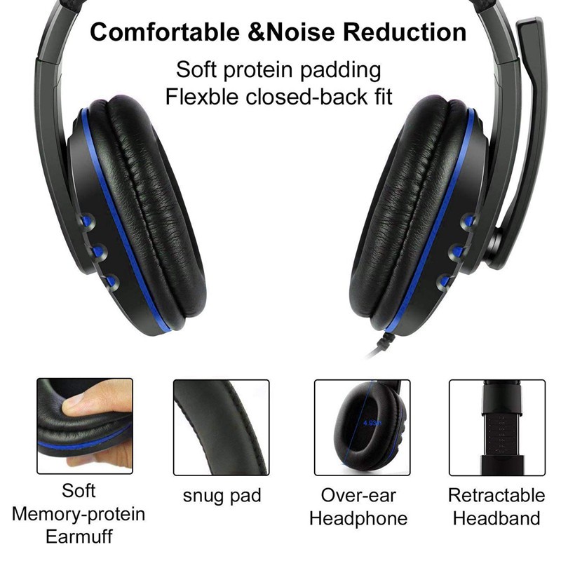 Wired Headphones with Mic Laptop Phone Stereo Sound Gaming Computer Headset for Sony PS5 PS4 Blue