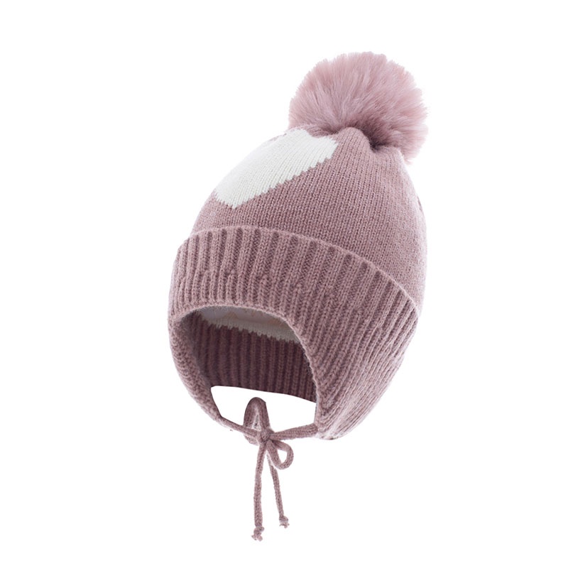 Mũ beanie đan móc dày dặn in hình trái tim phối bóng lông lớn ấm áp mùa thu đông cho em bé biết đi