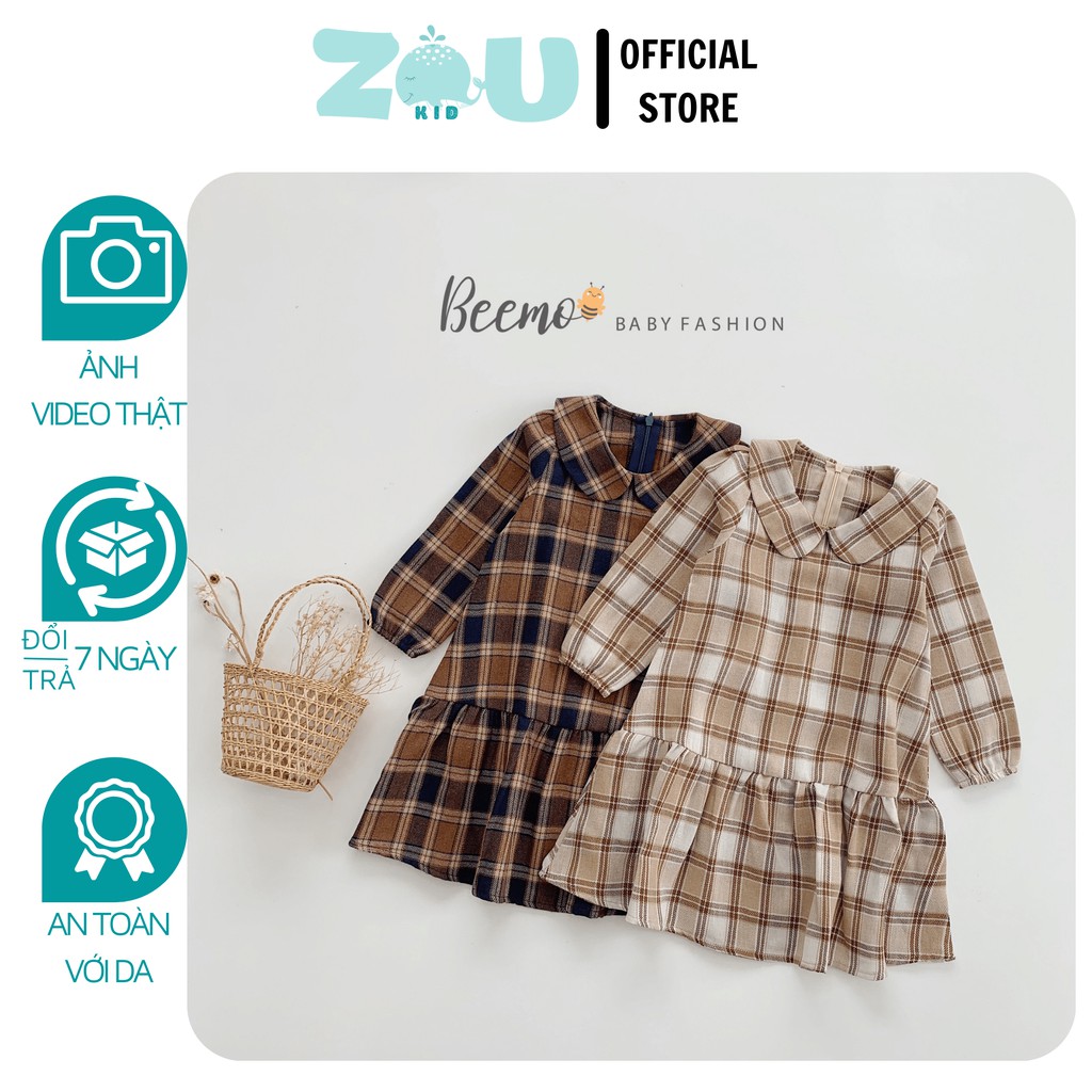 Váy Kẻ Đũi Hàn Dáng Đuôi Cá Tay Bồng Tông Màu Xinh Cho Bé Gái (9 đến 23kg) - ZOUKIDS
