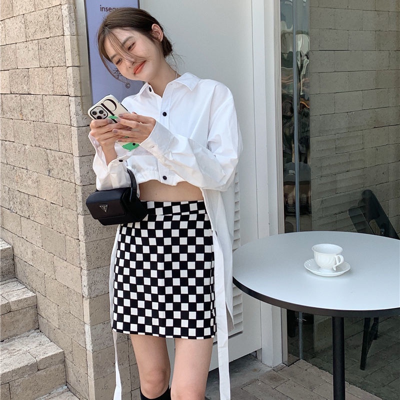 IELGY Áo Sơ Mi Dây Rút Rộng Đa Năng Phiên Bản Hàn Quốc Và Váy Kẻ Caro