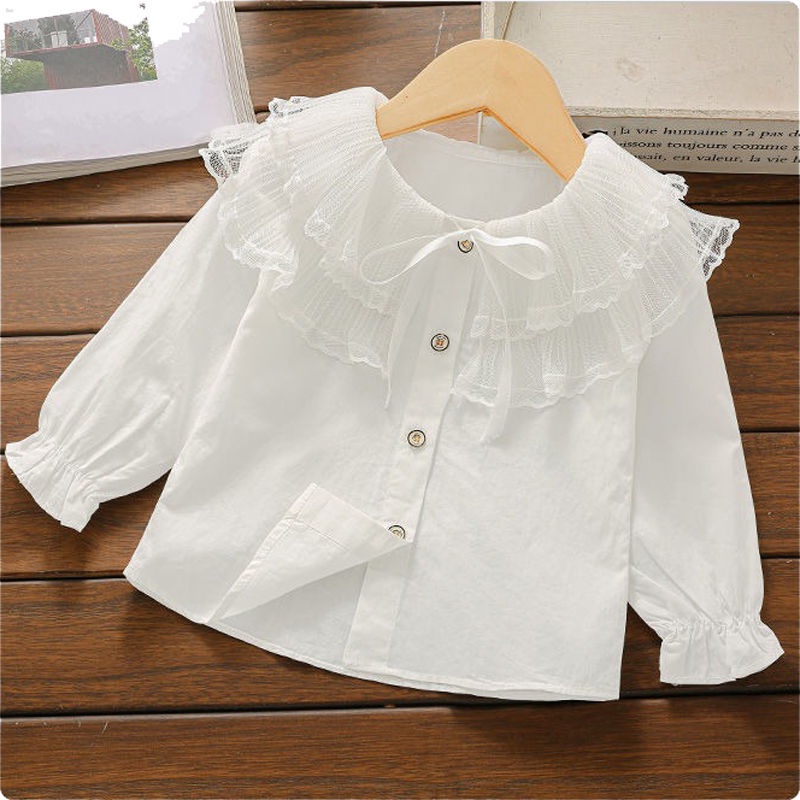 Set Áo Sơ Mi Tay Dài Phối Chân Váy Denim Lưới Thời Trang Xuân Thu 2021 Cho Bé Gái
