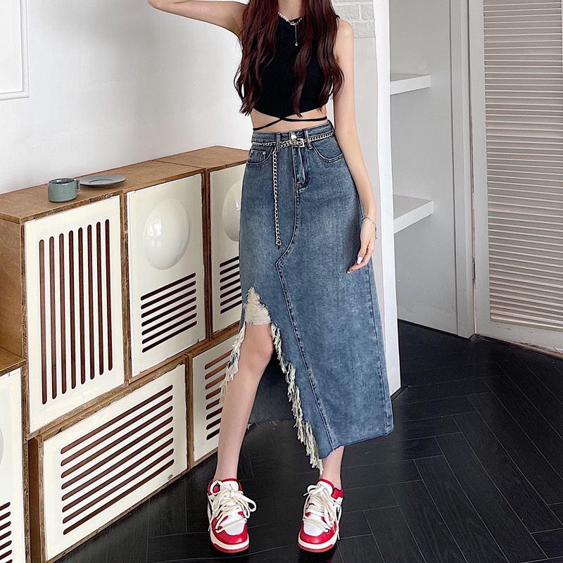 Chân váy jean dáng chữ A lưng cao phong cách Hồng Kông retro thời trang hè cho nữ