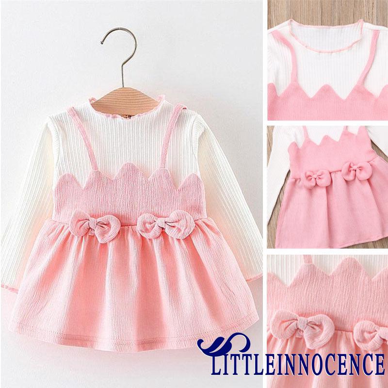 ❤XZQ-Toddler Kid Baby Girl Pink Long Sleeve Bowknot Princess Dress Skirt Party Outfits