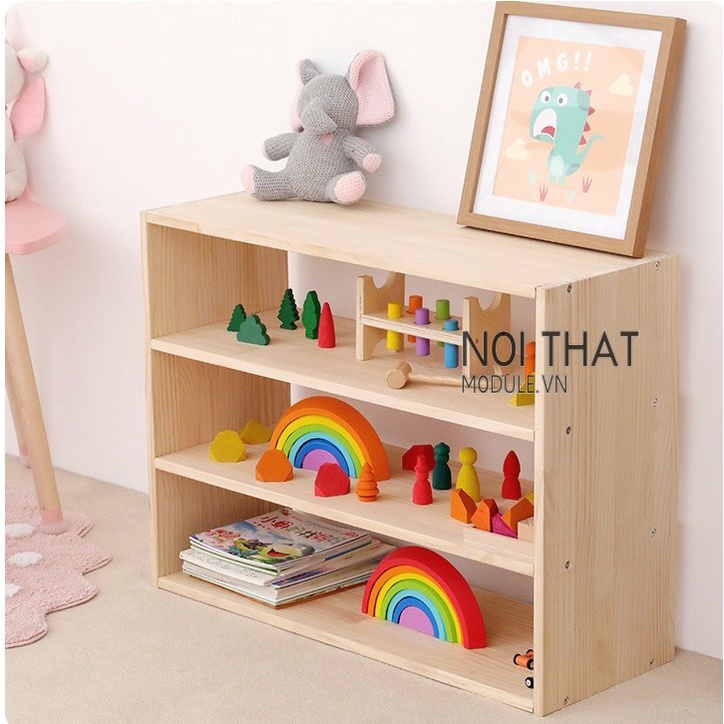 Kệ sách cho bé 3 tầng, kệ để đồ chơi cho trẻ gỗ thông tự nhiên