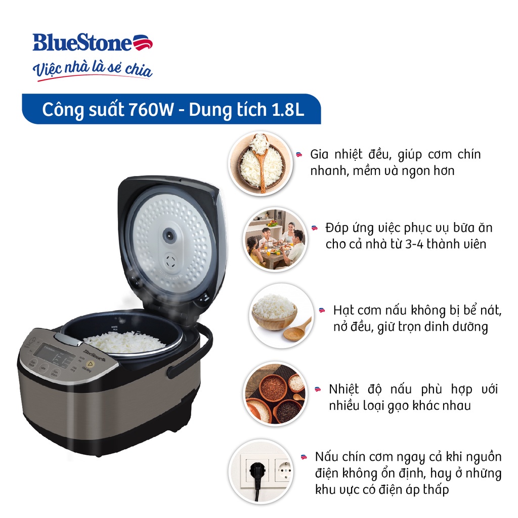 [Mã ELHAMS5 giảm 6% đơn 300K] Nồi Cơm Điện Tử BlueStone RCB-5938, 1.8Lit - 760W, Bảo Hành Chính Hãng 2 Năm