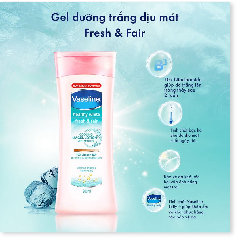 [Mã giảm giá sỉ mỹ phẩm chính hãng] Sữa Dưỡng Thể Vaseline Dịu Mát Sáng Da Healthy White Fresh & Fair Cooling UV Gel Lot