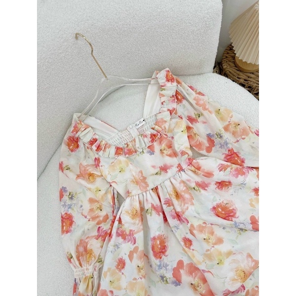 ĐẦM HOA TAY PHỒNG CUTOUT NƠ LƯNG