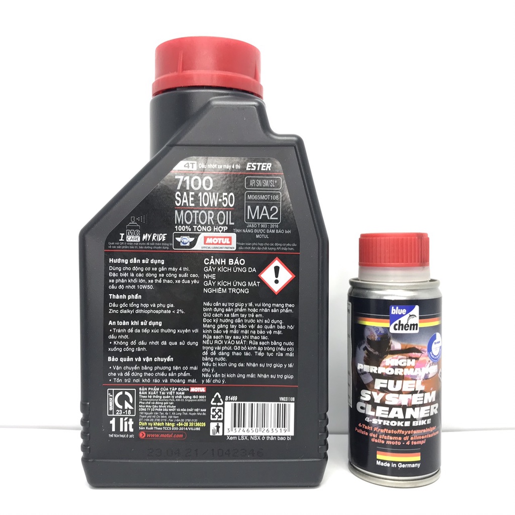 Nhớt Motul 7100 10W50 và dung dịch vệ sinh hệ thống xăng Bluechem