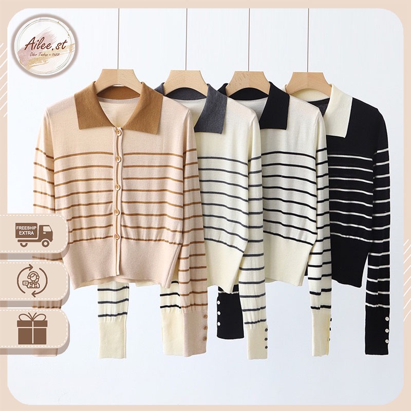 Áo Len Dài Tay Polo Cổ Bẻ Cardigan Croptop Kẻ Bo Gấu Phối Cúc Kẻ Ngang Phong Cách Hàn Quốc Ailee AO NU 005A3