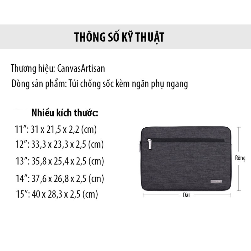 Túi chống sốc Macbook Air, Macbook Pro, Laptop Canvasartisan kèm ngăn phụ ngang