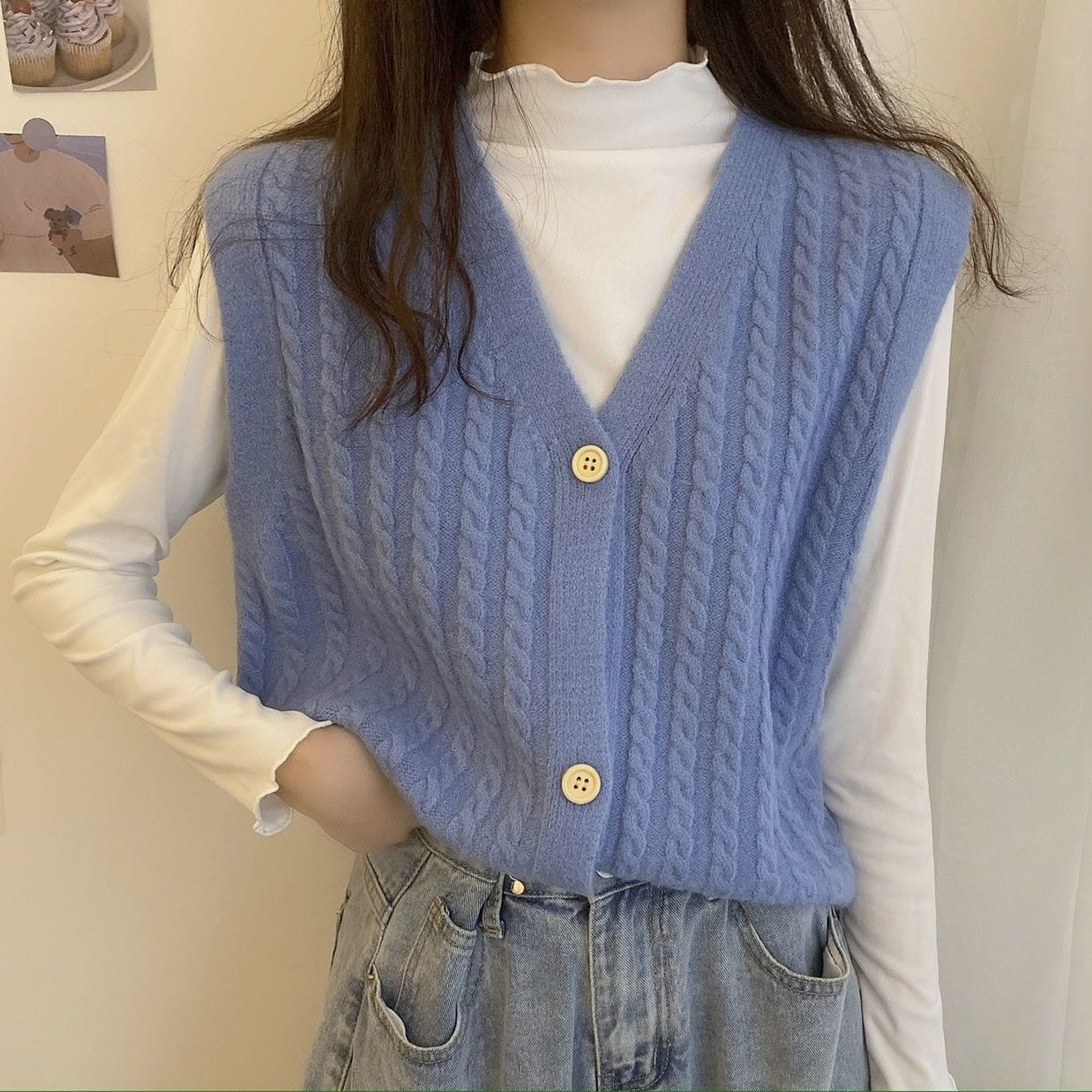 Áo gile dệt kim cổ chữ V kiểu cardigan phong cách Hàn Quốc dành cho nữ | BigBuy360 - bigbuy360.vn