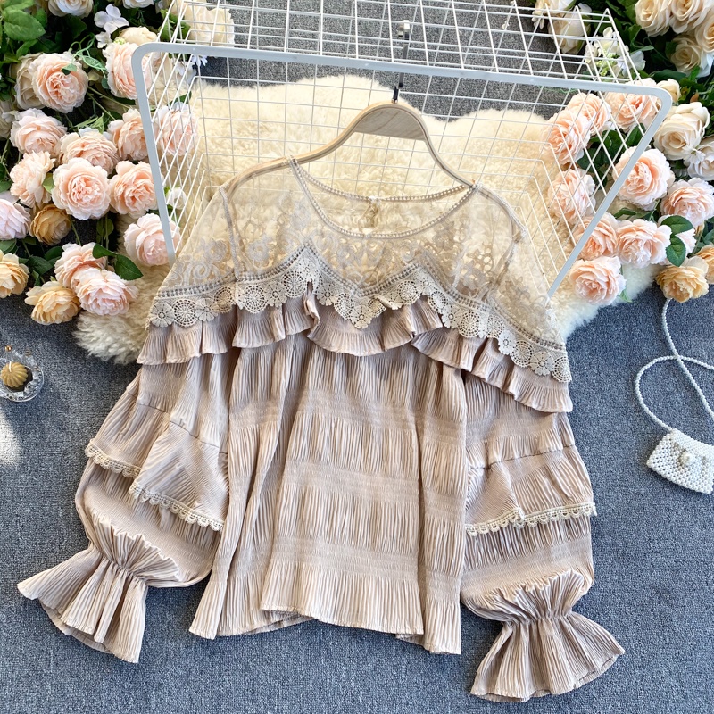 Áo cổ tròn dập ly pha ren ulzzang   230222