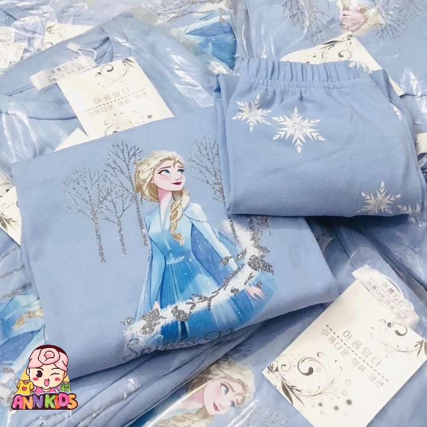 Bộ dài tay thu đông bé gái - Bộ dài tay Elsa xanh chất cotton cao cấp cho bé gái size 90-140