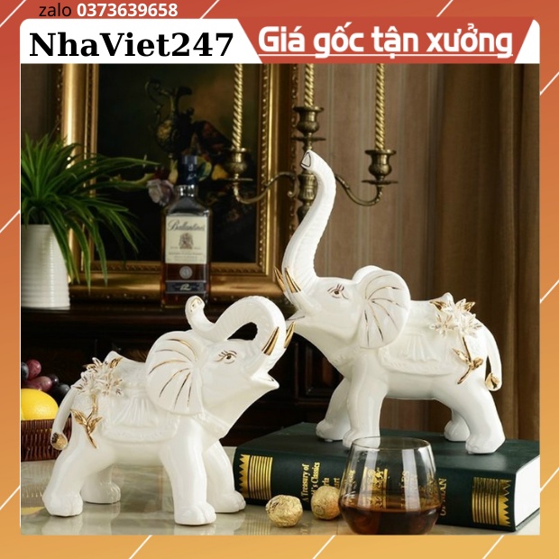 Bộ 2 Tượng Voi Bằng Gốm Sứ Trắng vẽ vàng,nghệ thuật Gốm Quảng Châu,DECOR trang trí,Bàn,Tủ,Kệ,quà tặng đẹp,ý nghĩa,giá rẻ