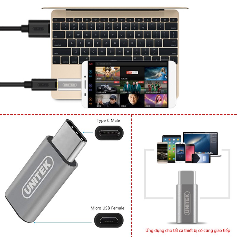 Đầu chuyển Micro USB âm sang USB type-C dương chuyển DATA điện năng từ Laptop/Macbook ra Smartphone/TAB UNITEK Y-A027AGY