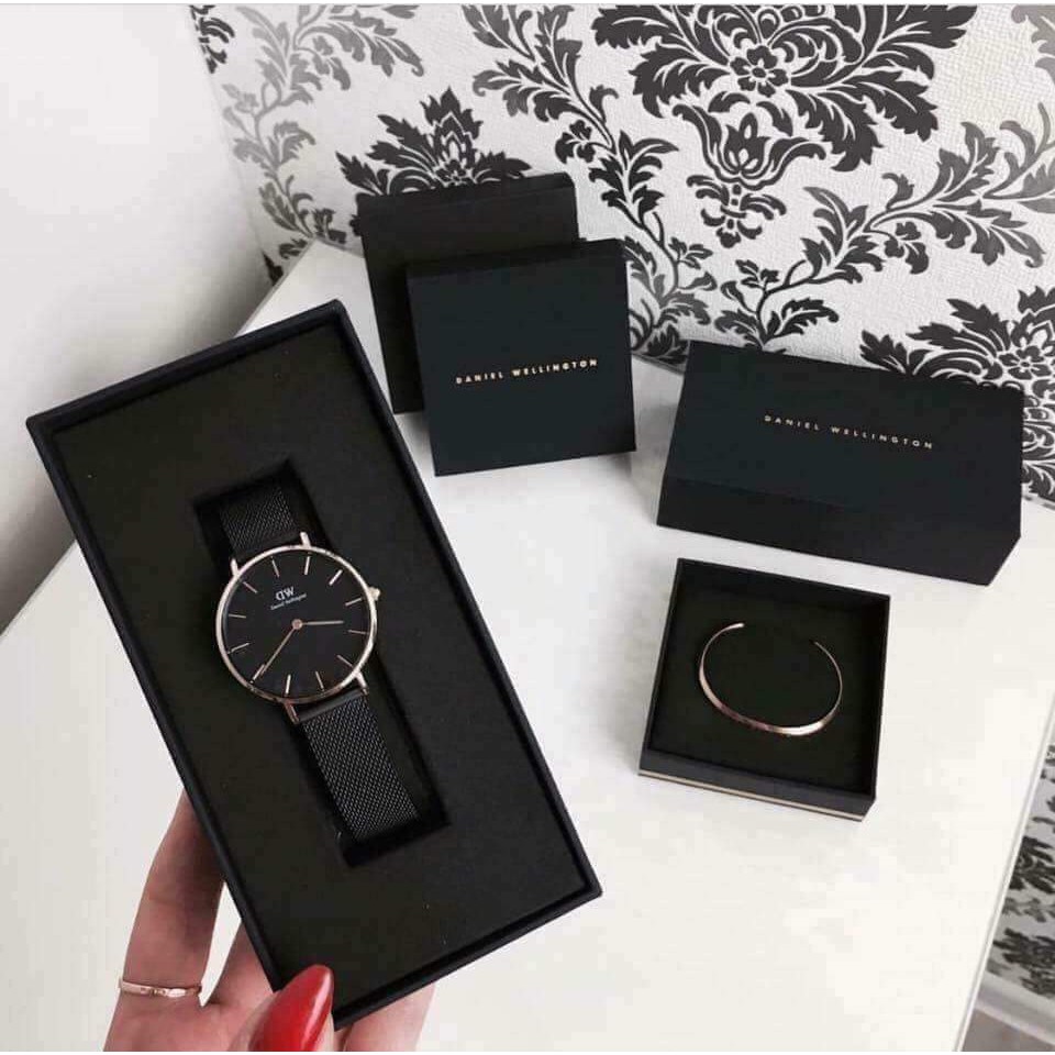 Đồng hồ Nam Nữ D\W Classic Petite Dây Lưới Đen- mặt đen - Đủ Size 28mm 32mm