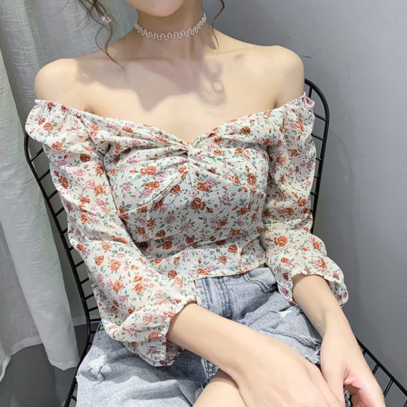 Áo chiffon tay lỡ họa tiết hoa phong cách Hàn Quốc