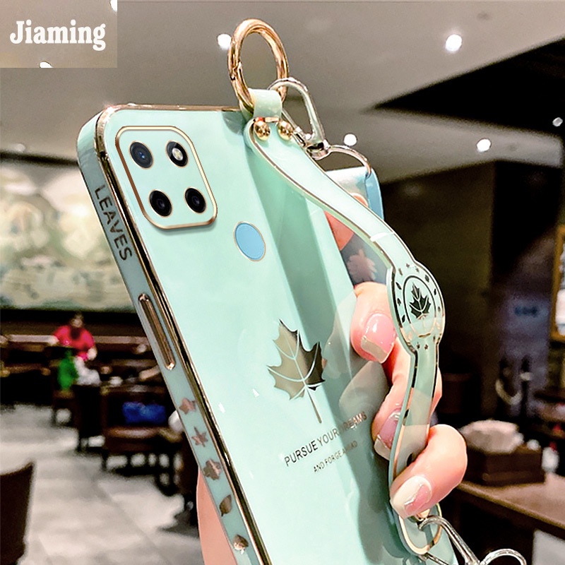 Ốp Điện Thoại Viền Thẳng Mạ Điện Họa Tiết Lá Phong Kèm Dây Đeo Và Vòng Tay Cho Realme C21Y C25Y