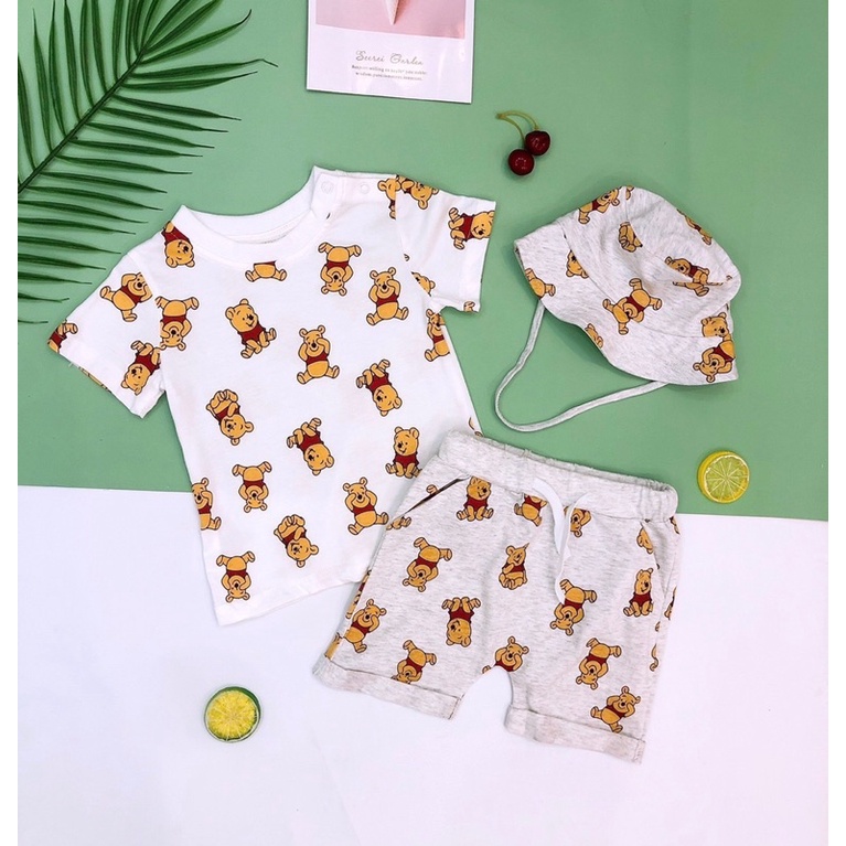 sét bộ cộc tay cho bé- Sét H M hoạ tiết gấu kèm mũ hàng VNXK cho bé trai 1-6y