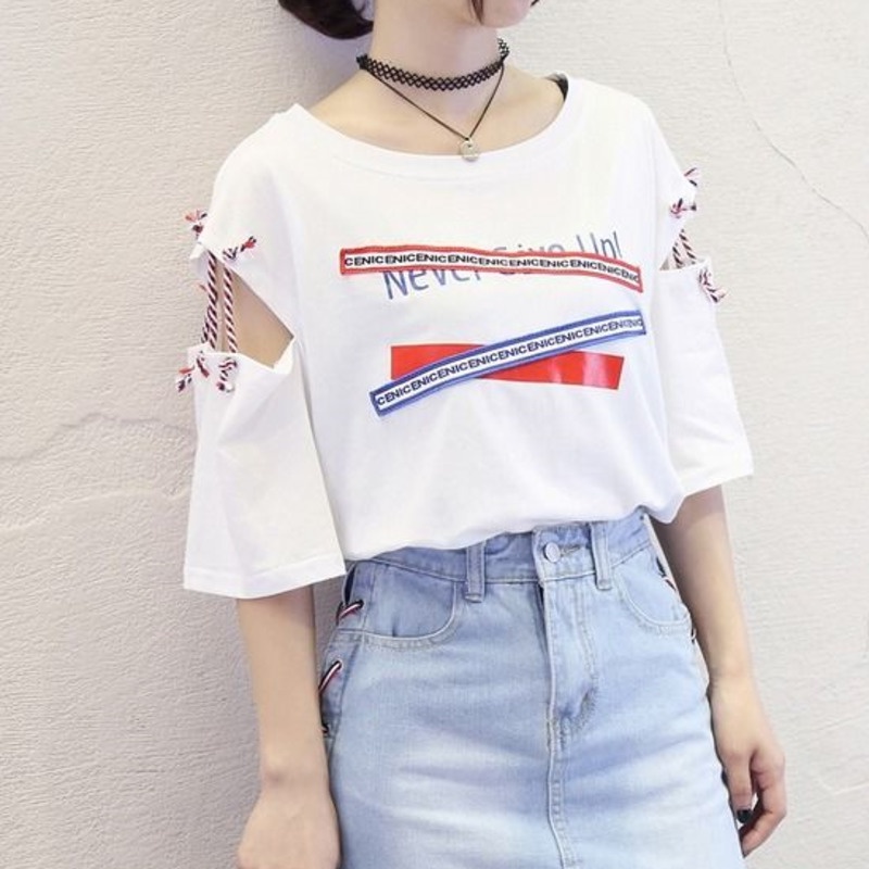 Áo Thun Tay Ngắn Phối Dây Ruy Băng Độc Đáo 162623 Áo Thun Cổ Tròn Dáng Rộng Trễ Vai Theo Phong Cách Preppy