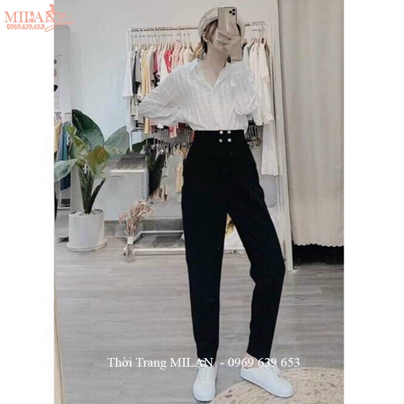 Quần baggy nữ cạp cao 4 cúc cấm công sở màu đen dáng quần tây nữ đi học lưng cao dài vải tuyết mưa dày mềm co giãn nhẹ
