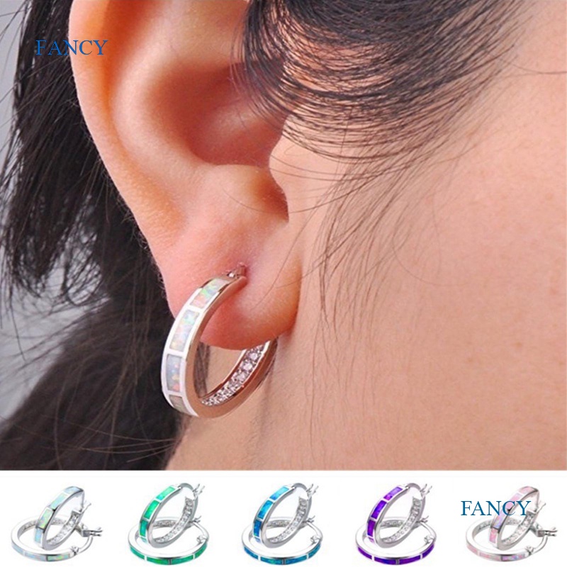 Đôi Khuyên Tai Tròn Đính Đá Opal Nhiều Màu Sắc Thời Trang Cho Nữ