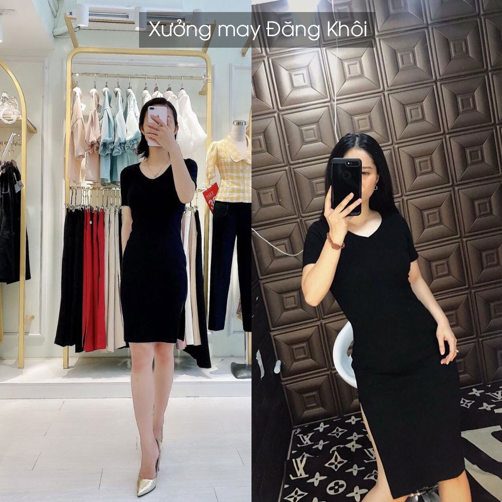 Váy body xẻ tà, đầm body dáng ôm xẻ đùi cổ tim tay ngắn D061