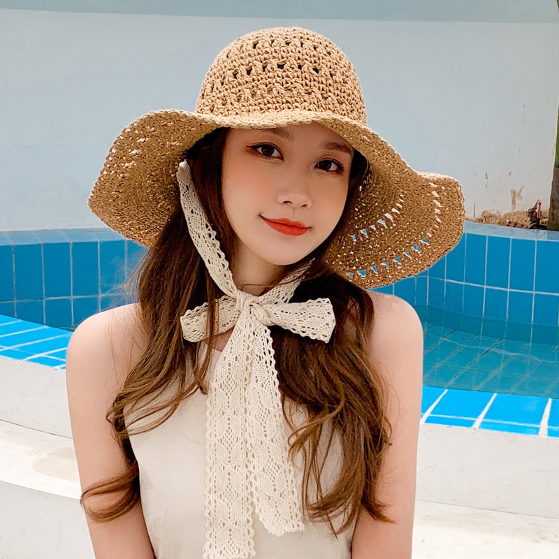Mũ cói đi biển thời trang vành rộng 12Cm quai ren cách điệu có dây điều chỉnh vòng đầu bên trong nón