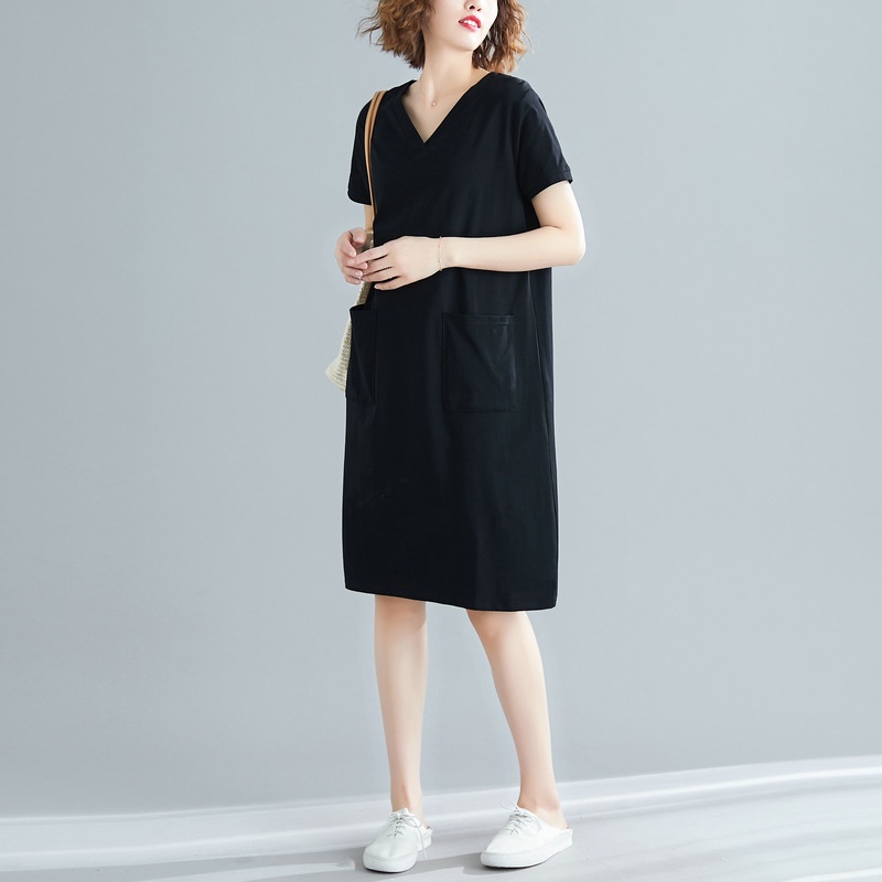 Đầm Tay Ngắn Cổ Chữ V Dáng Rộng Màu Sắc Thanh Lịch Có Size Lớn Cho Nữ