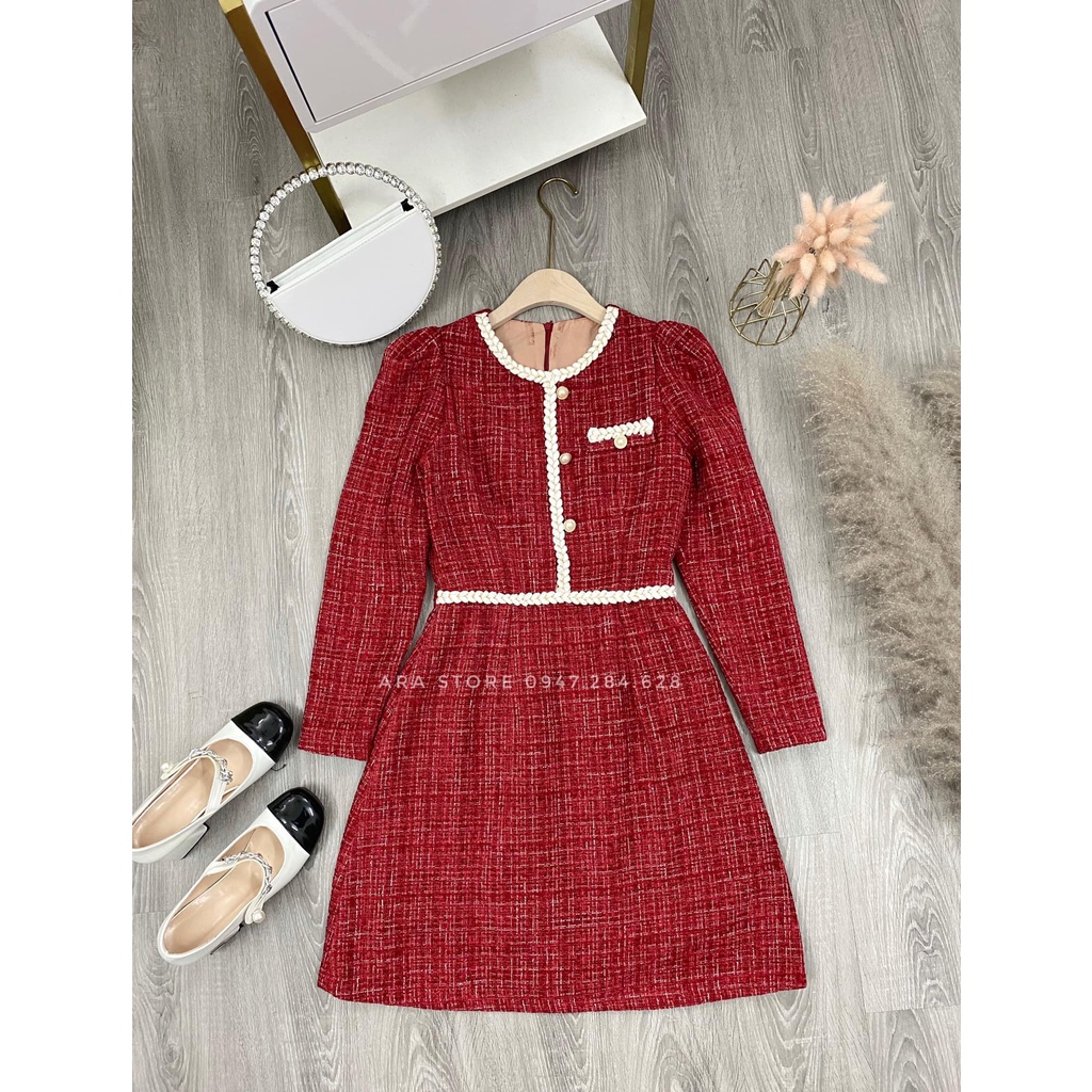 Váy dạ đỏ Tweet cao cấp phối viền cách điệu Ara V06 | BigBuy360 - bigbuy360.vn
