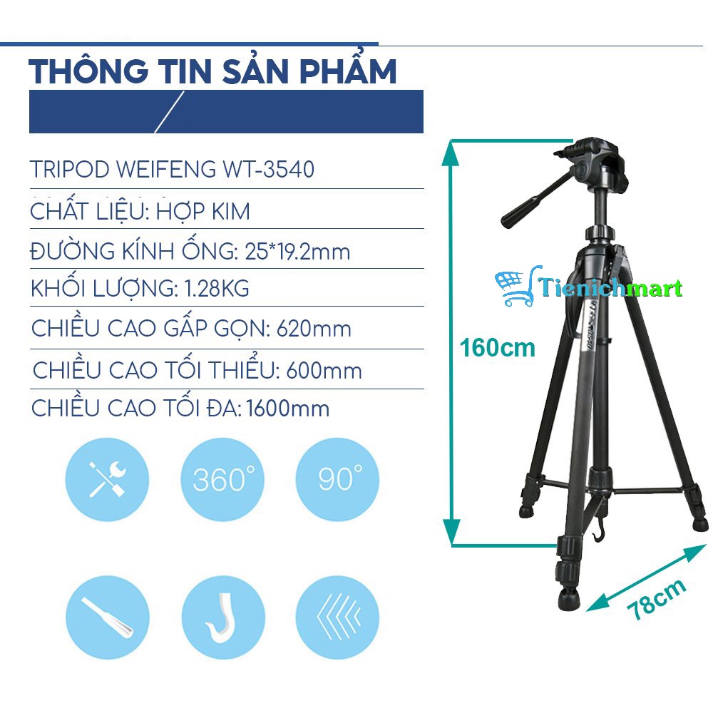 Tripod điện thoại, chân máy ảnh Weifeng WT-3540 cao 1,6m khung nhôm, chụp ảnh quay phim livestream - Tặng kẹp điện thoại