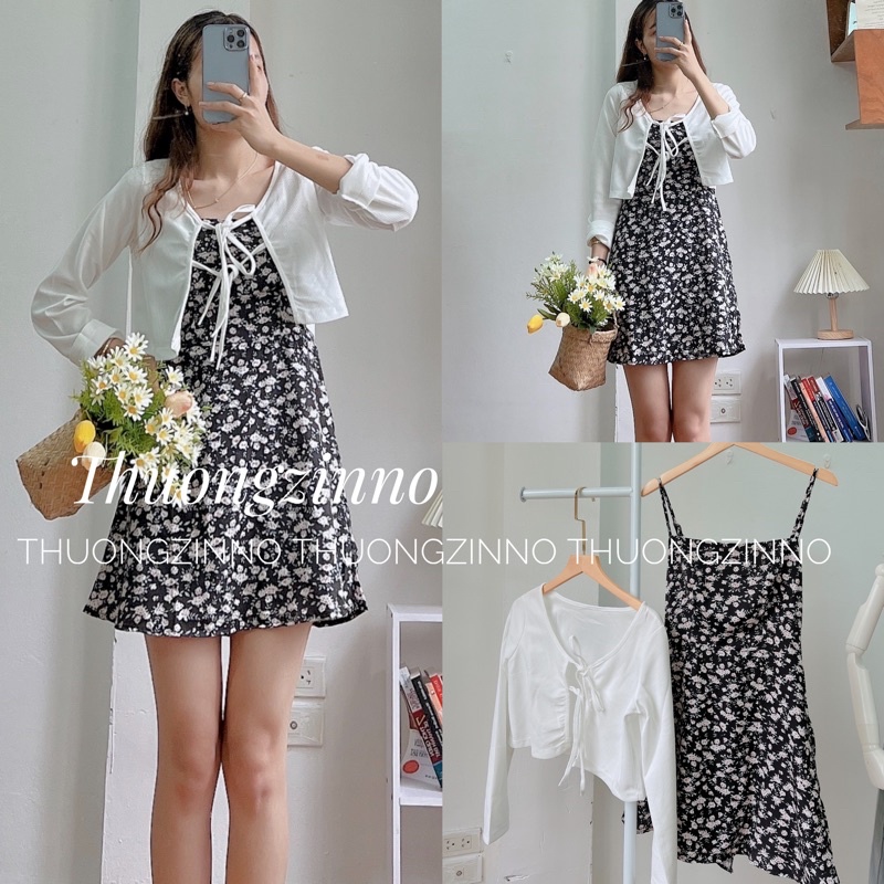 [HÀNG HAI LỚP] Váy hai dây hoa nhí nền đen xinh mix cadigan chất mát mềm mịn Set váy tiểu thư