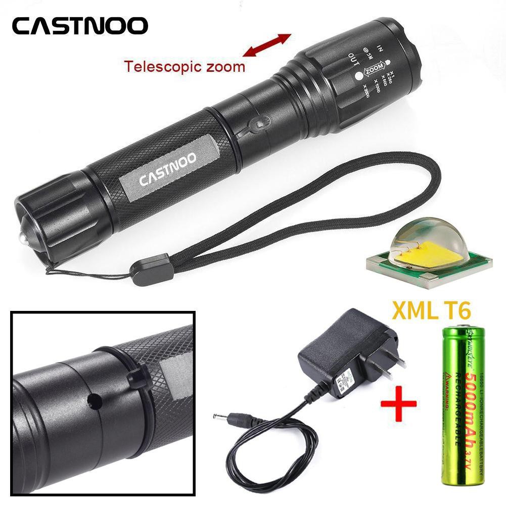 Đèn pin có thể sạc lại Lumen XM-L T6 Zoomable CASTNOO 8000Kl LED 5 chế độ, pin 18650 + đồ sạc AC