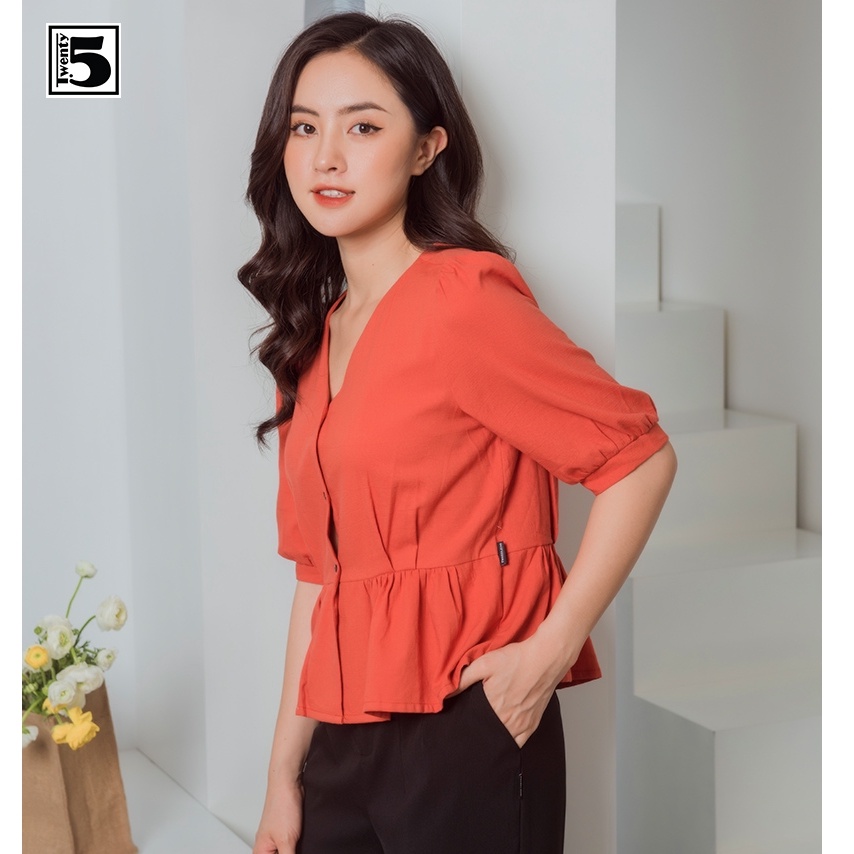 Áo sơ mi nữ công sở cổ V nhún eo dáng peplum Twentyfive N132