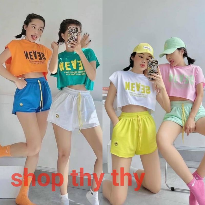 Set Bộ tanktop nữ quần đùi mặt cười kèm áo thun lững croptop dễ thương,Đồ bộ mặc nhà đi chơi dạo phố đều được mẫu hè mới