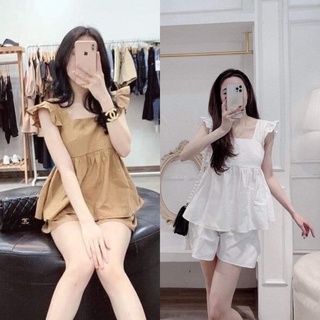 (hàng đẹp) Set đũi cánh tiên 2 dây bèo xòe cổ vuông (mặc mát), sét bộ đũi babydoll quần short