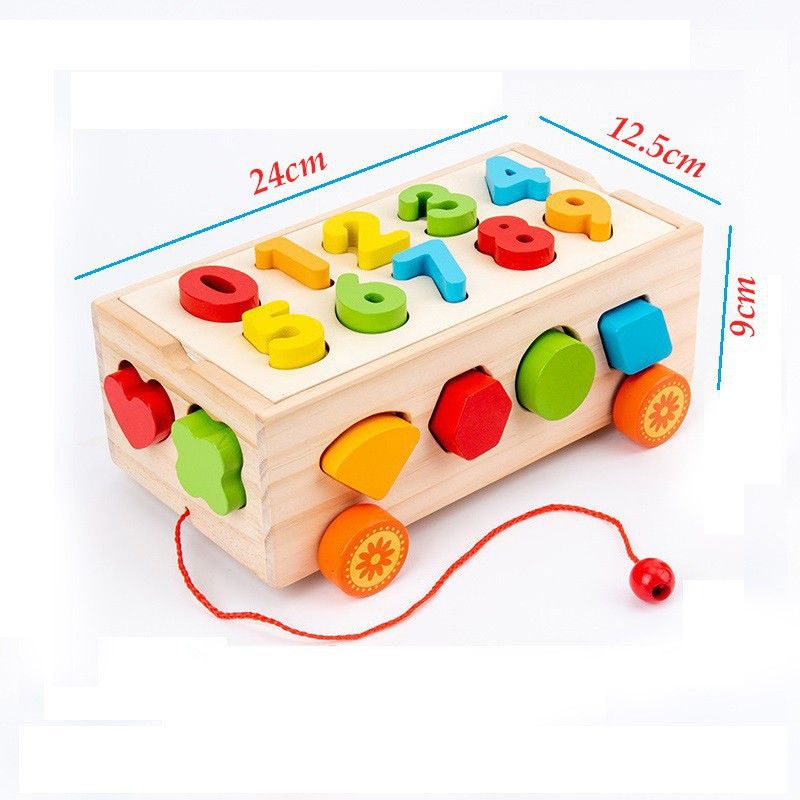 Đồ chơi gỗ xe kéo thả số đếm, hình khối cho bé