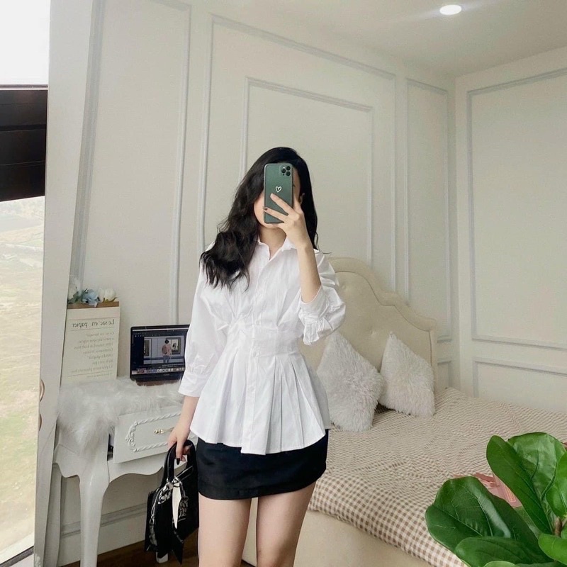 Áo Sơ Mi Trắng Nhún Eo Xinh Xắn (Hình Thật) Áo Sơmi Kiểu Chiết Eo Ulzzang Bánh Bèo